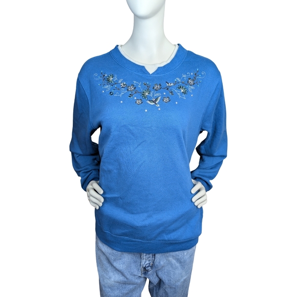 Traditions Tops - Vintage Embroidered Bird & Floral Sweatshirt in Cobalt Blue (Women’s L)